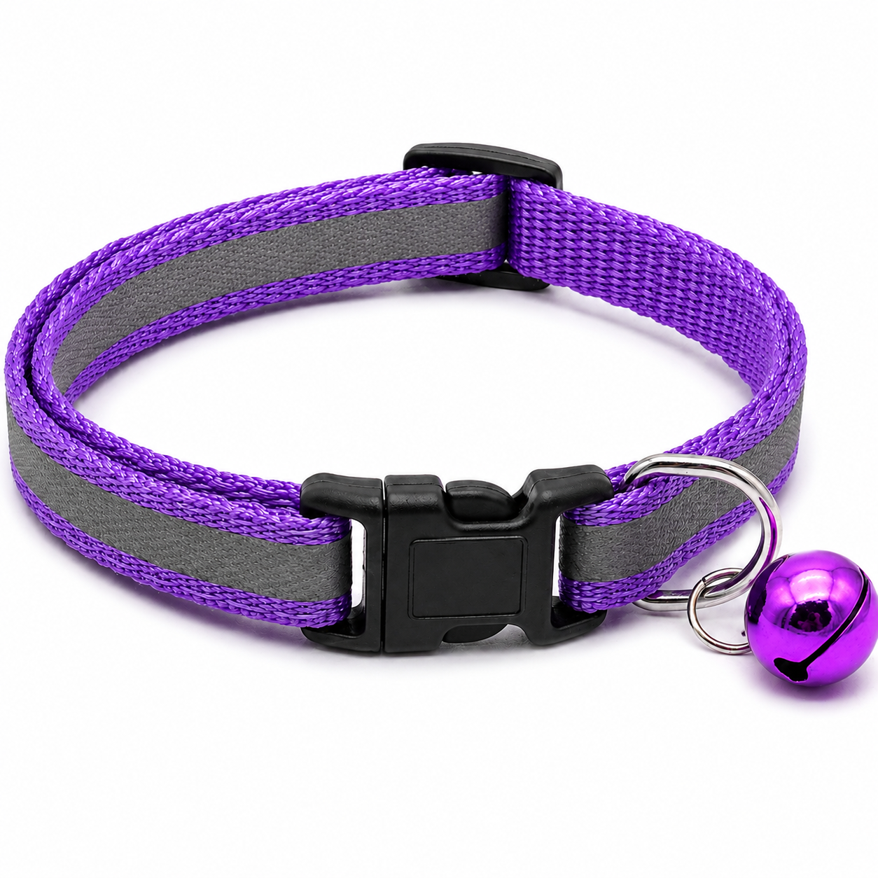 Purple and gray dog collar with a purple bell on a white background