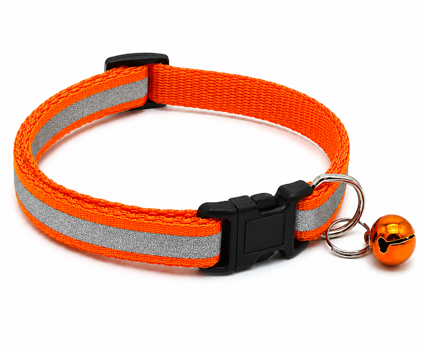 Orange and gray dog collar with a bell on a white background