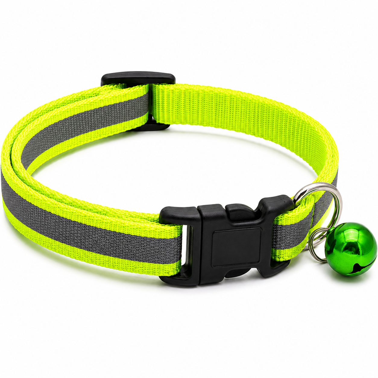 Reflective dog collar with a green bell on a white background