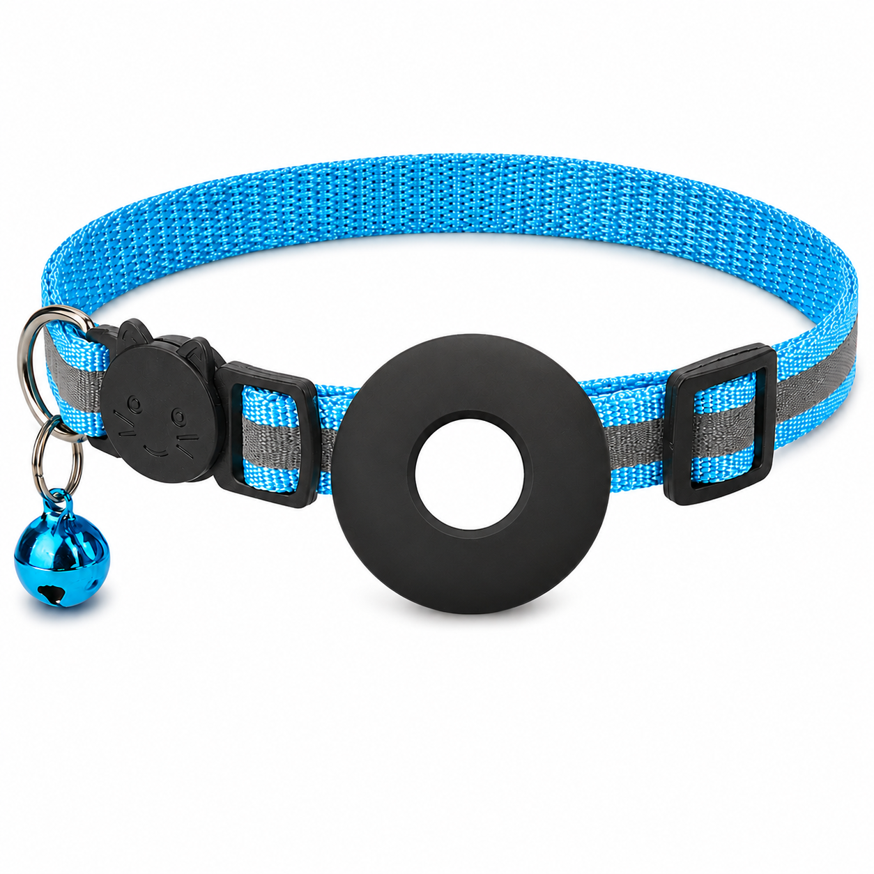 Blue pet collar with black plastic ring and bell on a white background