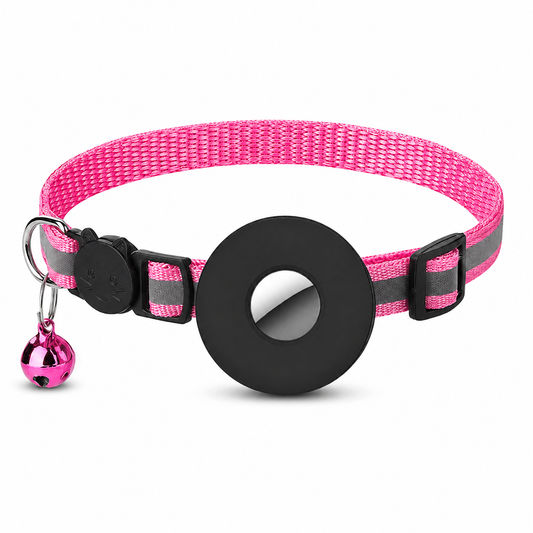 Pink cat collar with a black plastic ring and bell on a white background