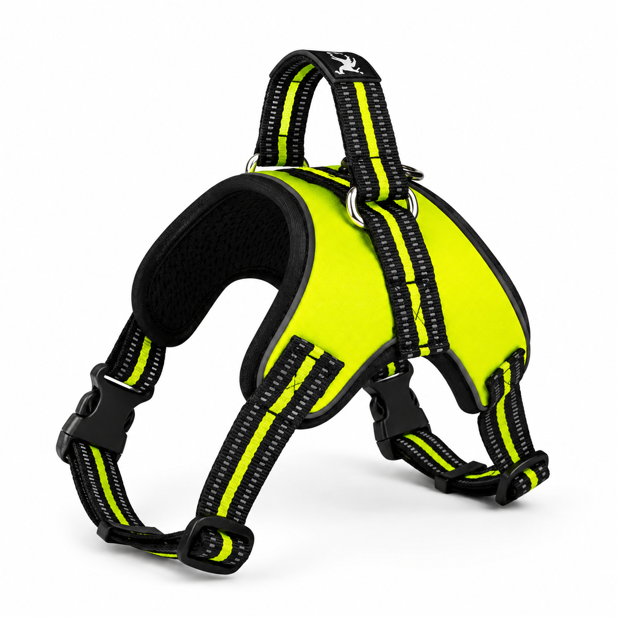 Dog harness with black and yellow design on a white background