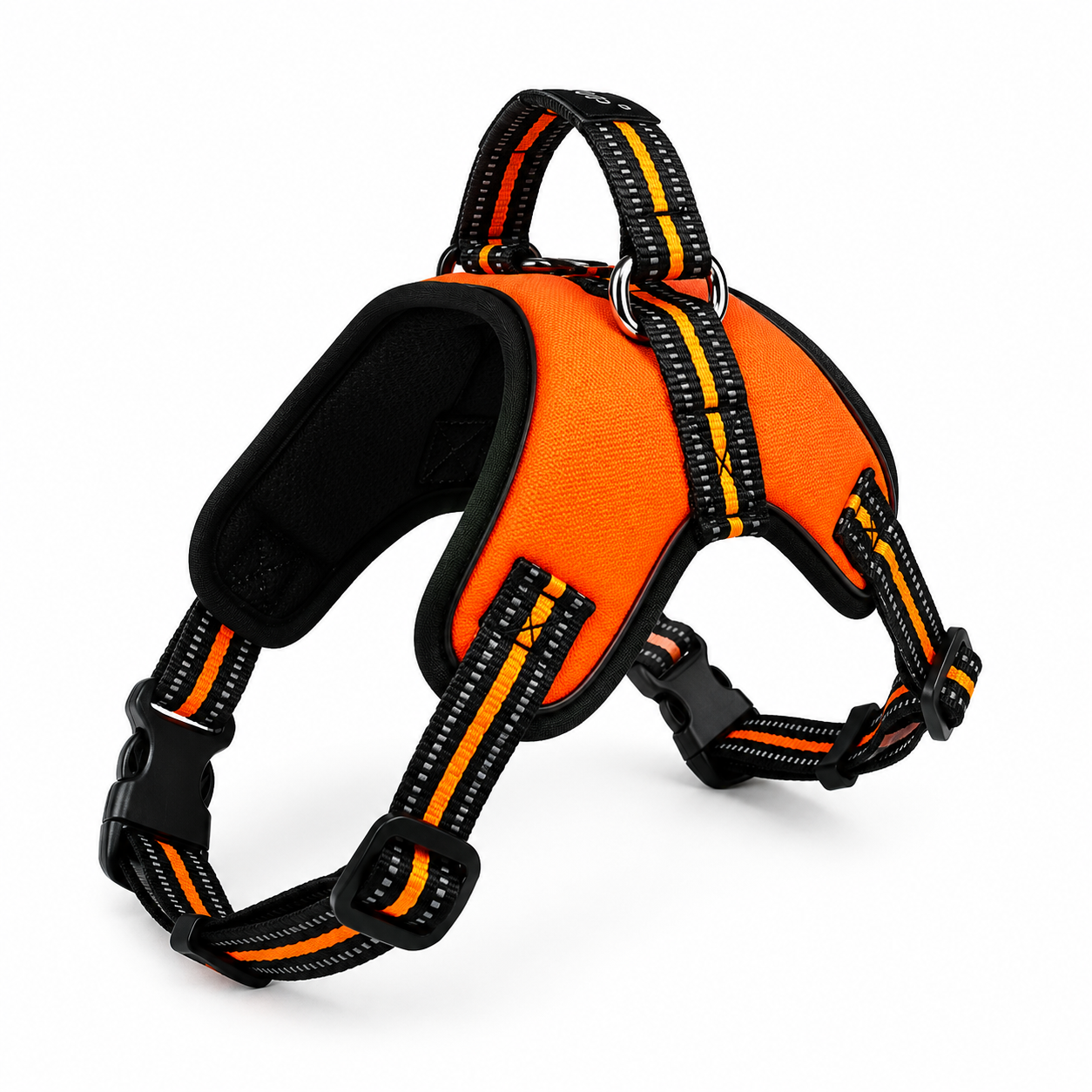 Orange and black dog harness on a white background