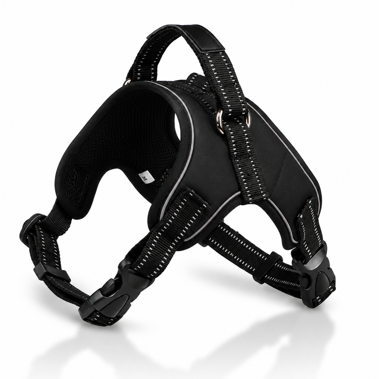 Black dog harness on a white background