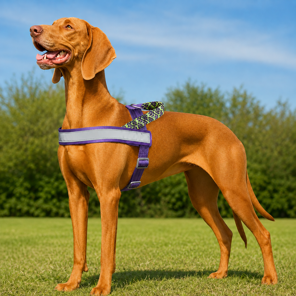 Brown dog wearing a purple harness on a grassy field with trees in the background