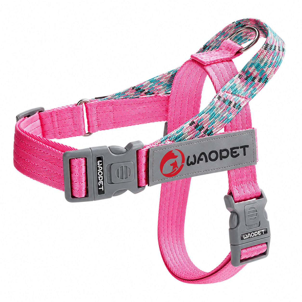 Pink dog harness with gray buckle and WAODET branding on a white background