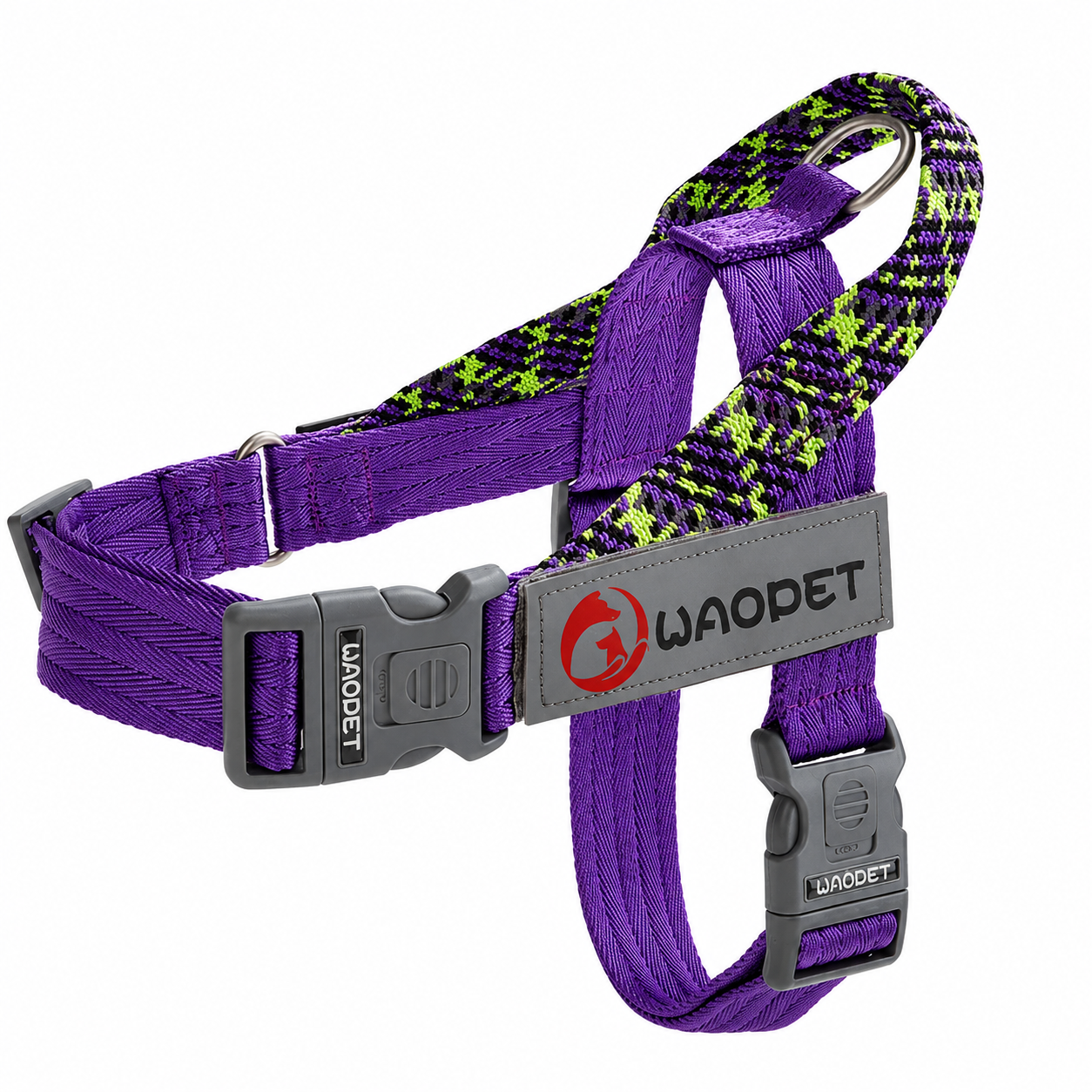 Purple dog harness with green pattern and gray buckle on a white background