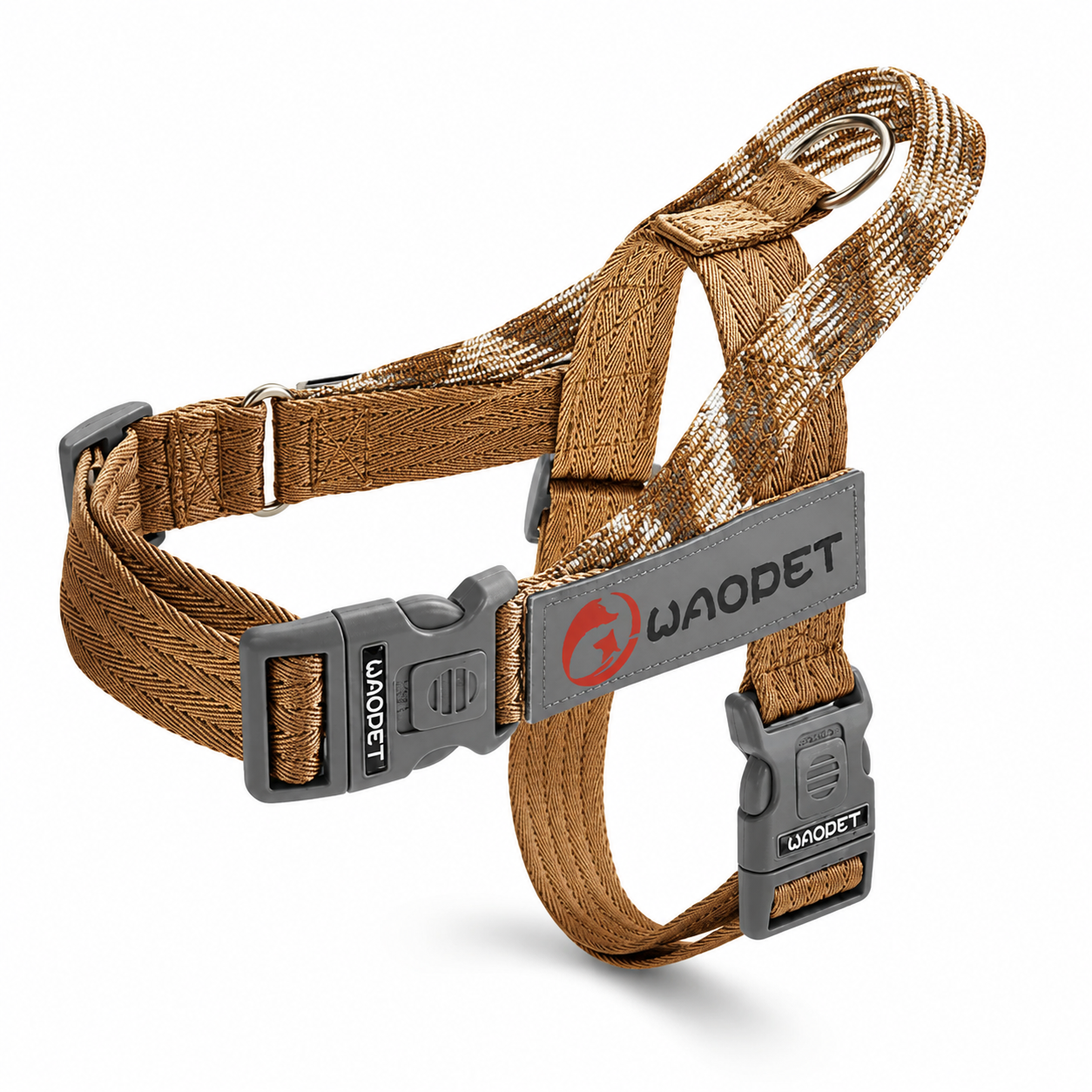 Brown dog harness with gray buckles and 'WaoPet' branding on a white background