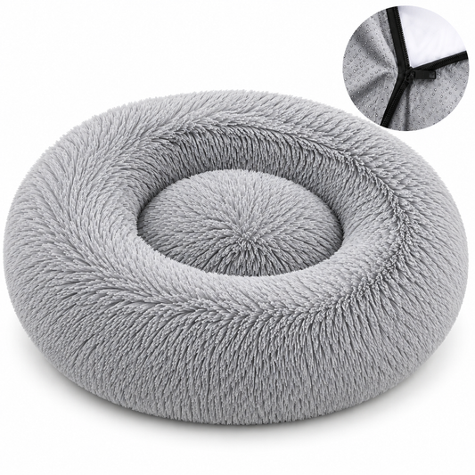 Gray donut-shaped pet bed with close-up inset on a white background