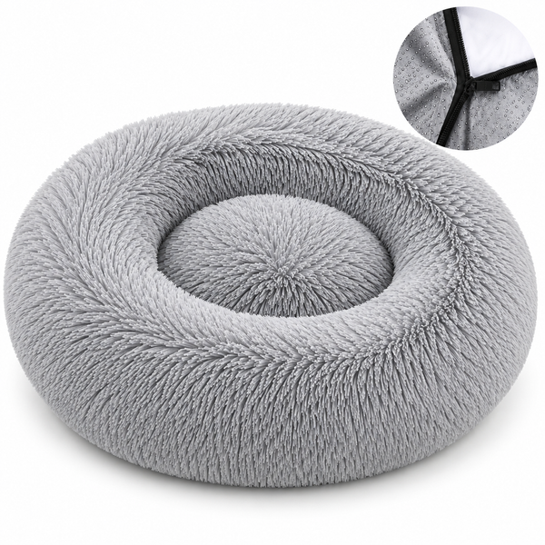Gray donut-shaped pet bed with close-up inset on a white background
