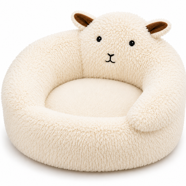 Round plush pet bed with a face design on a white background